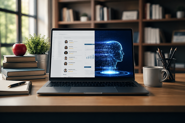 Laptop on desk showing AI analytics